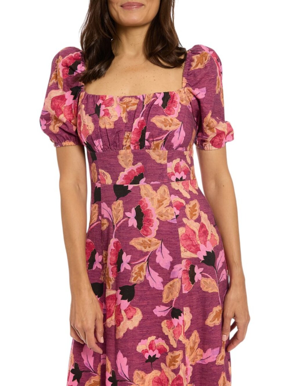 London Times Floral Puff Sleeve Bottom Ruffle Maxi Dress - Burgundy/Red - 16 - Picture 2 of 12